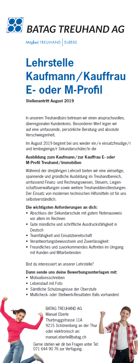 Freie Lehrstelle Kaufmann Kauffrau 2019 E Profil Oder M Profil Batag Treuhand Ag